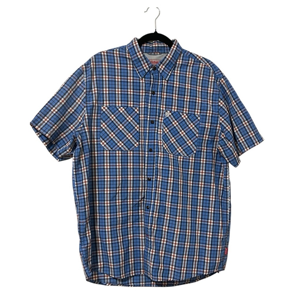 Coleman Mens Blue & White Short Sleeve Plaid Shirt Front Pocket Size XL